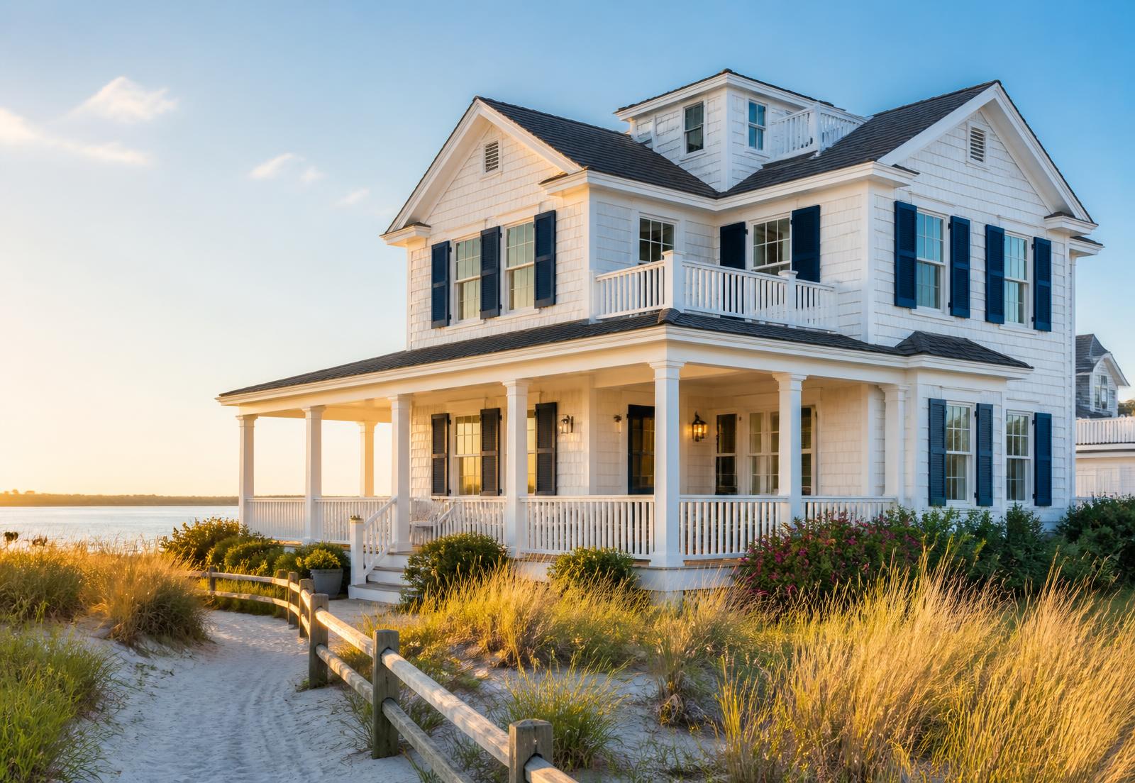 Coastal Delaware beach house at golden hour